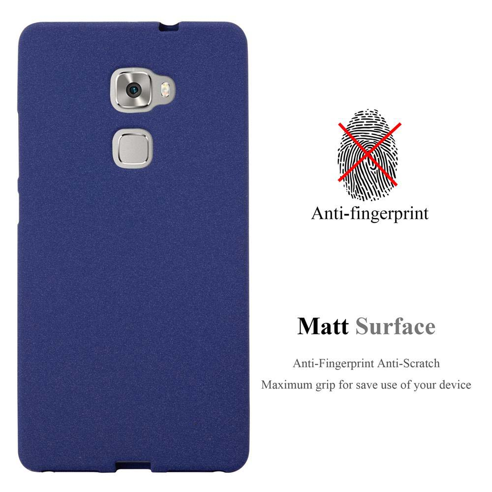 Eine blaue Handyhülle mit matter Oberfläche. Ein Fingerabdruck ist durchgestrichen. Text: Anti-Fingerabdruck, matte Oberfläche.