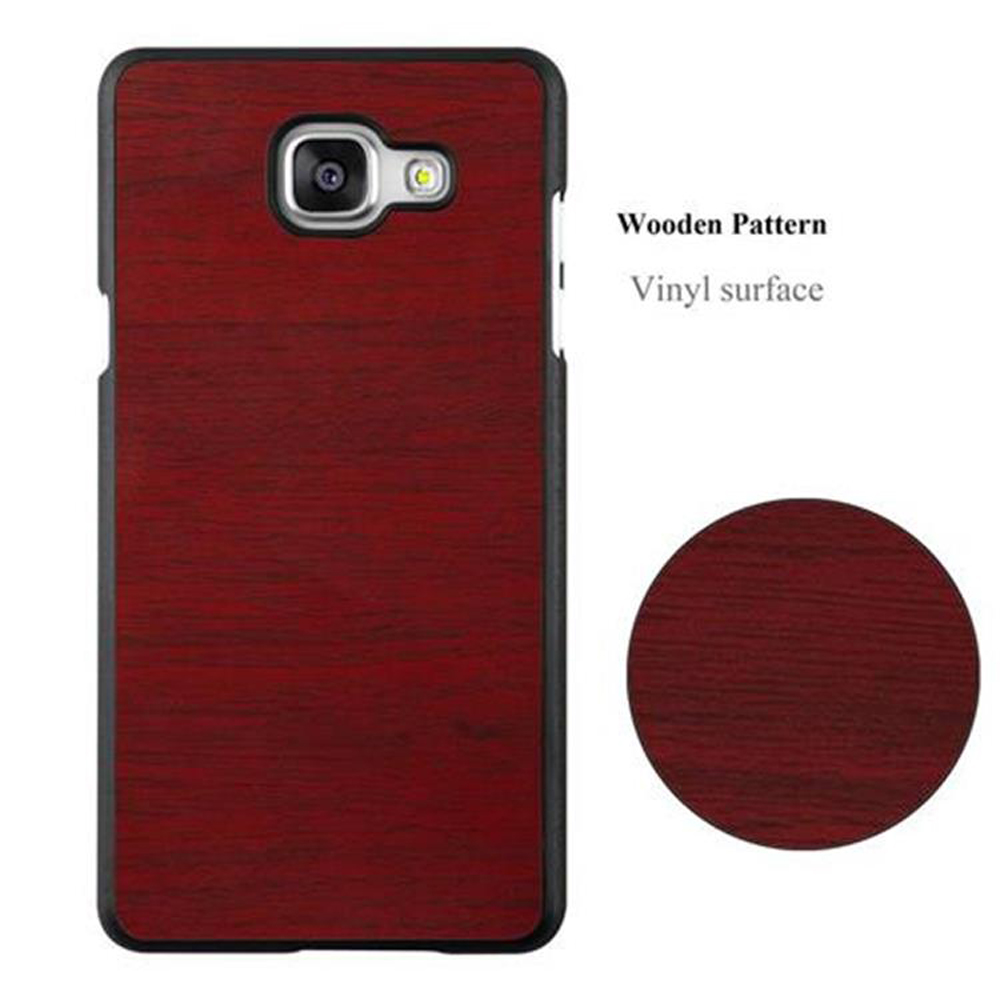 Funda de teléfono con veta de madera burdeos con borde negro. Muestra círculo a la derecha.
