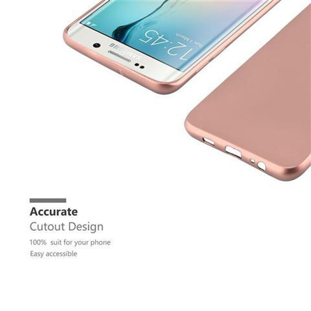 Ein roségoldenes Telefon mit Hülle, mit dem Text Accurate Cutout Design, 100% passend für Ihr Telefon.