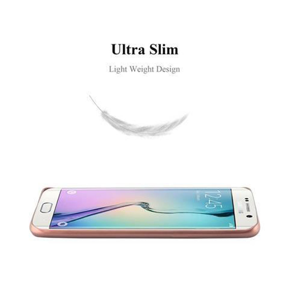 Ein Smartphone mit Hülle. Die Hülle ist roségoldfarben, und darüber befindet sich eine Federgrafik.