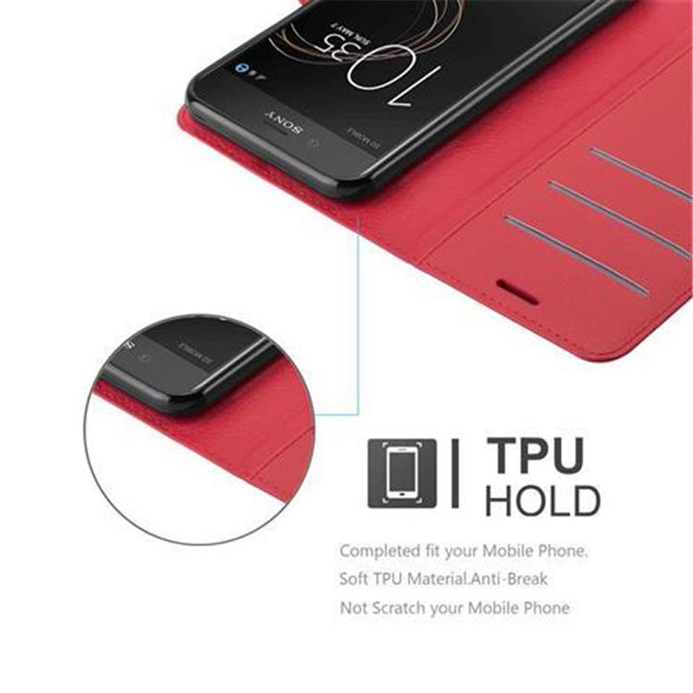 Custodia rossa per telefono con telefono dentro. Lo schermo mostra l'ora. La custodia è aperta.