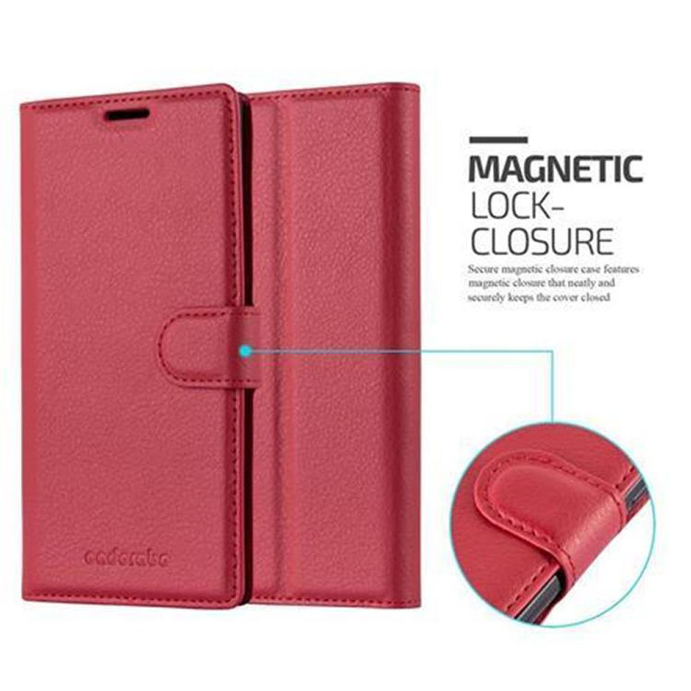 Custodia rossa per telefono, aperta, con chiusura magnetica. Dettagli della chiusura.