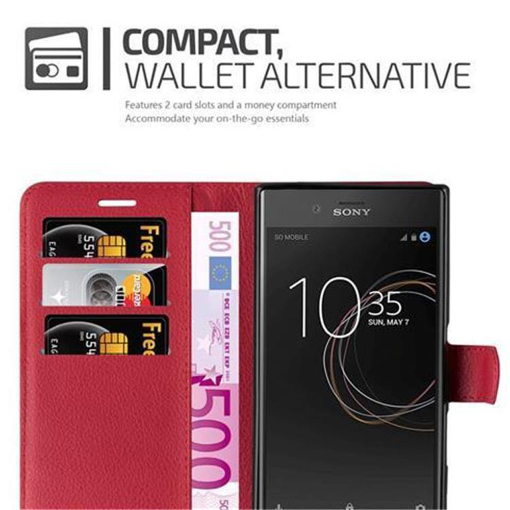 Custodia rossa con fessure per carte e scomparto per soldi. Un telefono mostra l'ora.