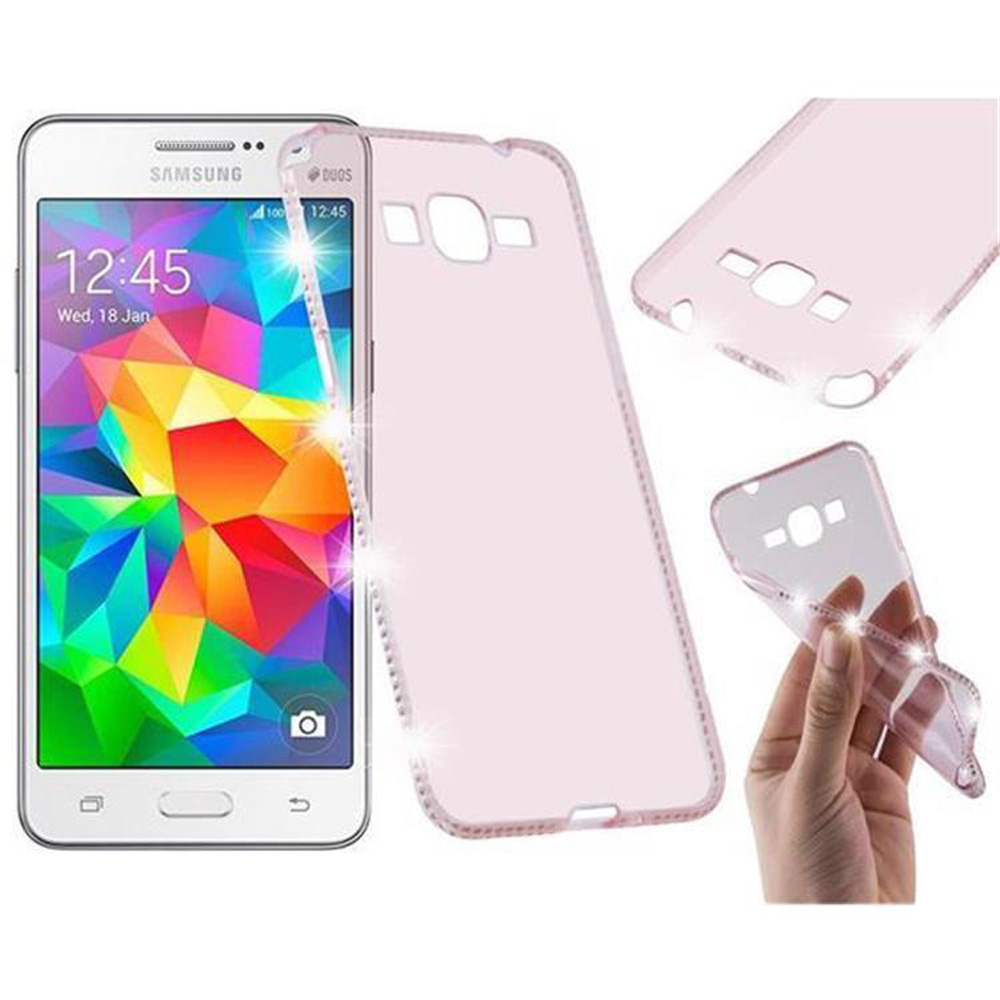 Un teléfono con pantalla colorida, una funda rosa y una mano sosteniendo una funda.