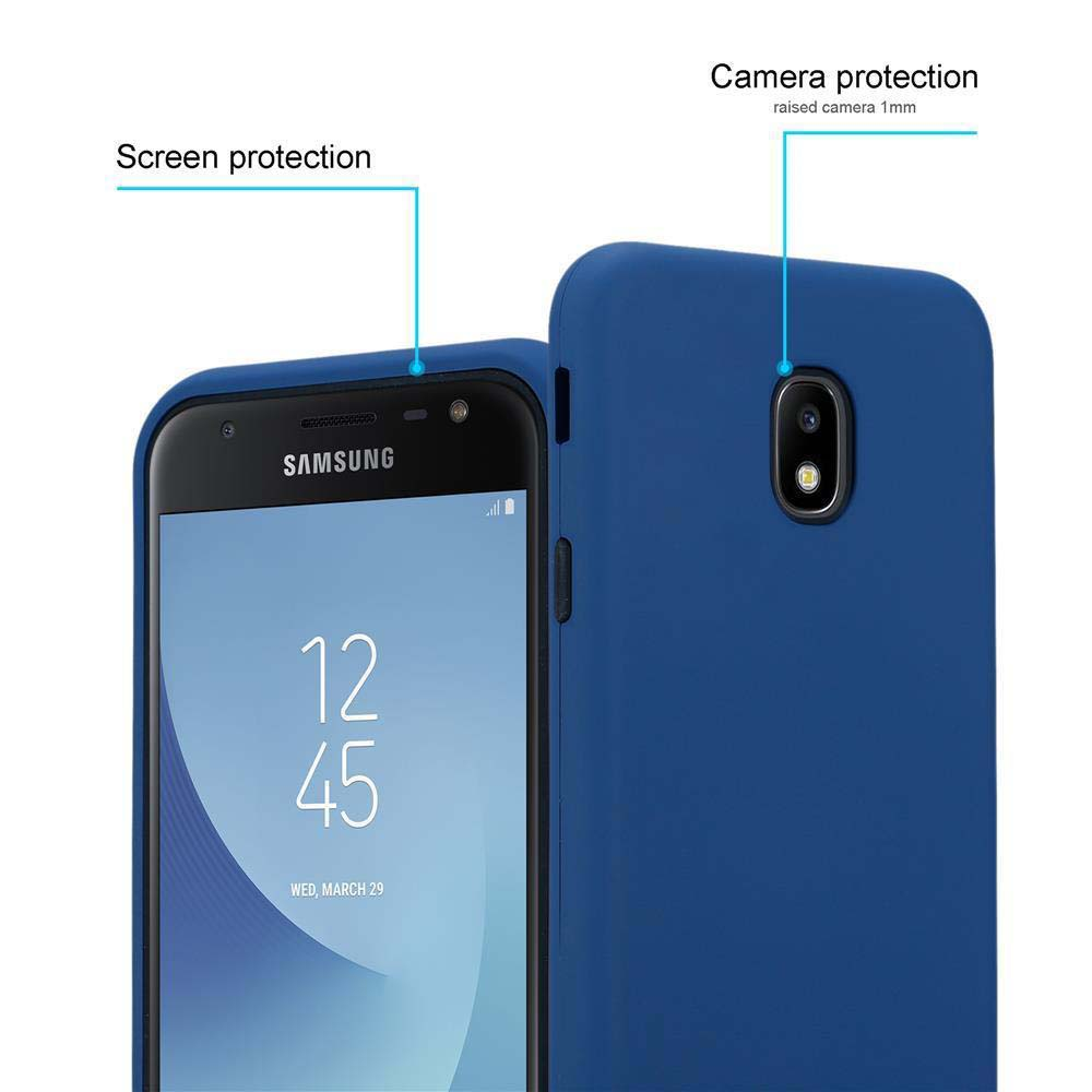 Eine blaue Handyhülle mit einem Telefon darin, mit Text und Pfeilen, die auf den Schutz hinweisen.