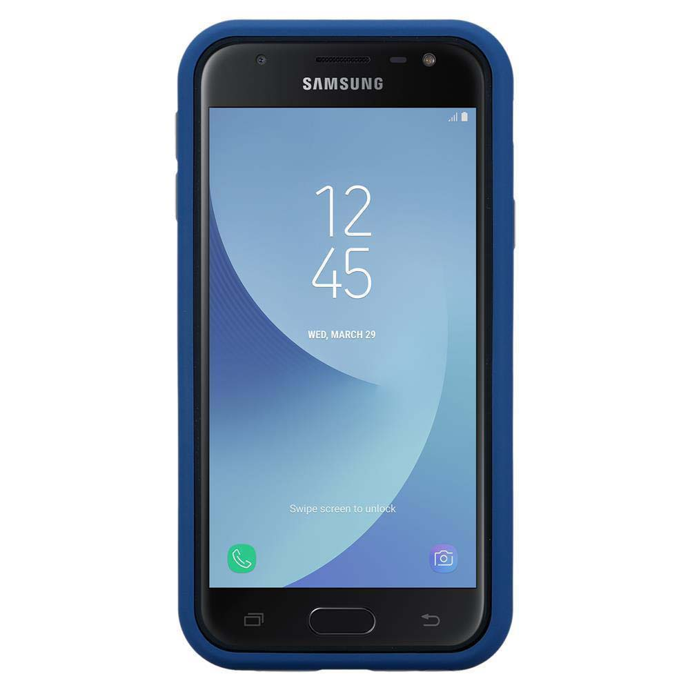 Ein schwarzes Telefon in einer blauen Hülle. Der Bildschirm zeigt die Uhrzeit und einige Symbole.