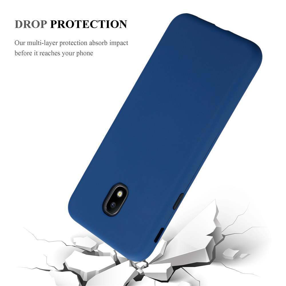 Eine blaue Handyhülle auf Weiß, bricht auseinander. Text: Fallschutz. Mehrschicht absorbiert Stöße.