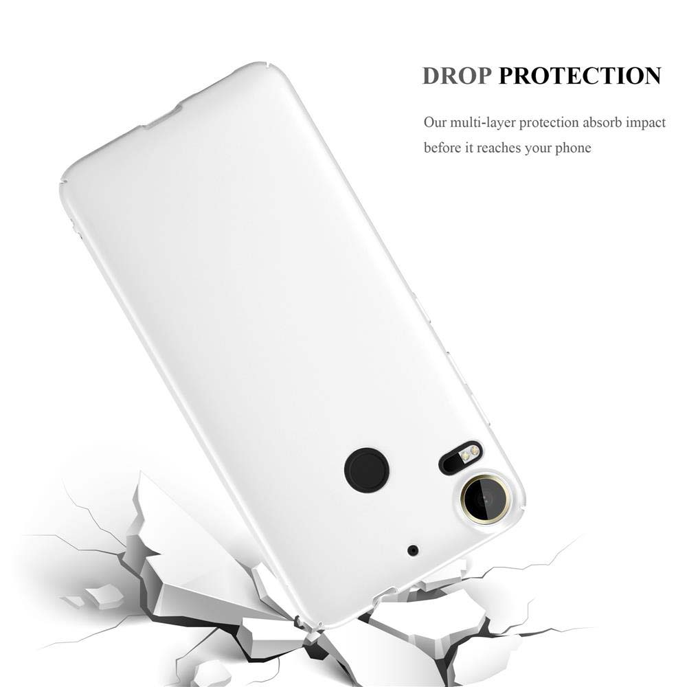 Custodia bianca per telefono su terreno bianco incrinato. Testo: Drop Protection, la nostra protezione multistrato assorbe gli urti.
