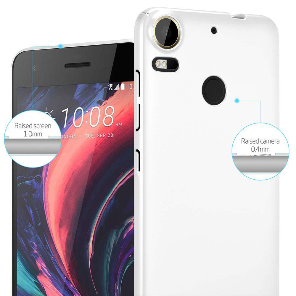 Un telefono e una custodia bianca. Lo schermo e la fotocamera hanno parti rialzate.