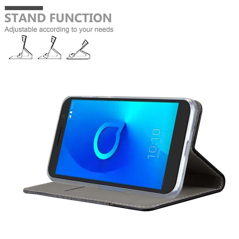 Telefon in einer Hülle, Bildschirm zeigt die Uhrzeit. Ständefunktionssymbole sind sichtbar, mit einstellbarer Standfunktion.