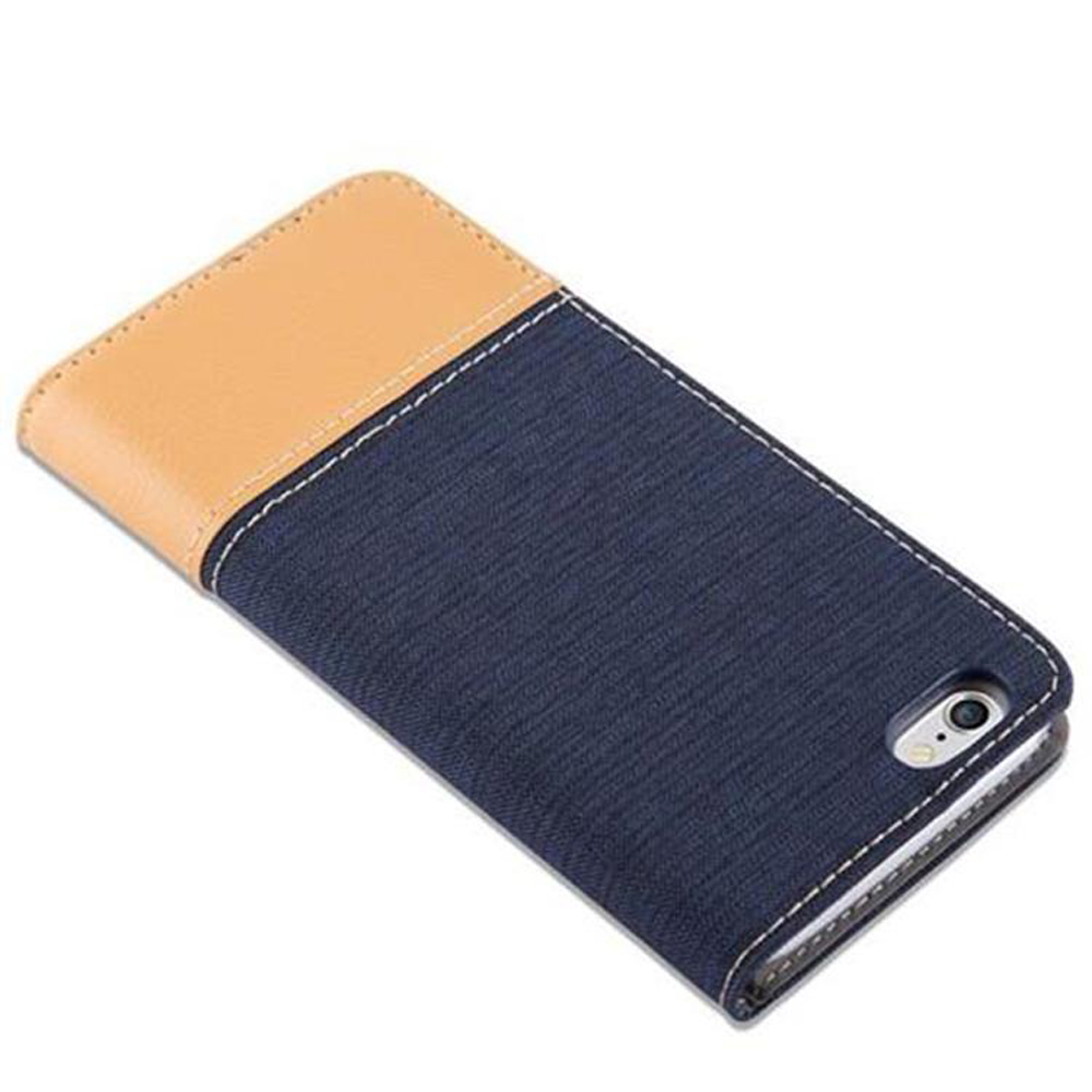 Blau-beiges Handycase mit Telefon, zeigt Seite und Rückseite.