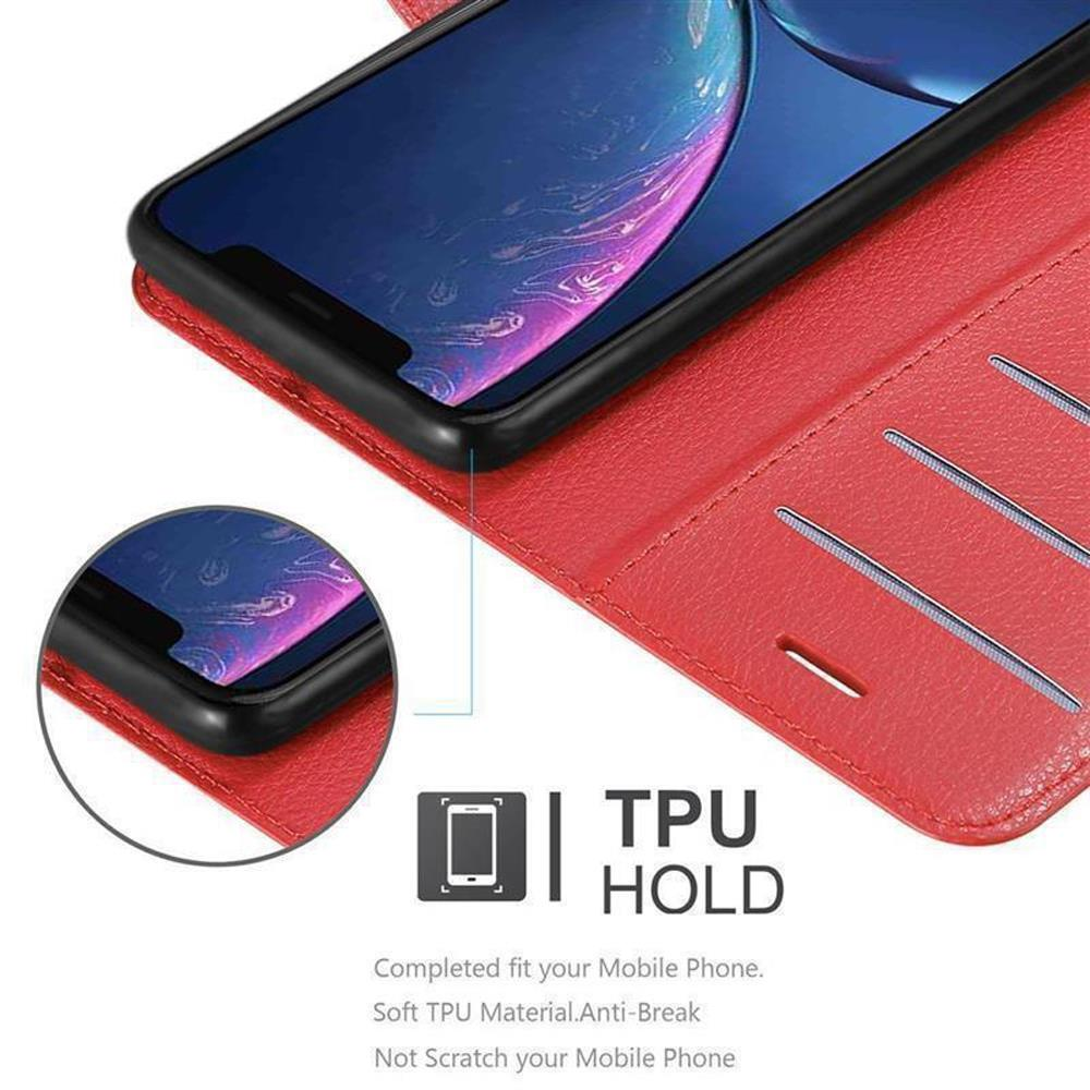 Custodia rossa per telefono con telefono nero, che mostra uno schermo nero. Il testo recita: 'TPU HOLD'.