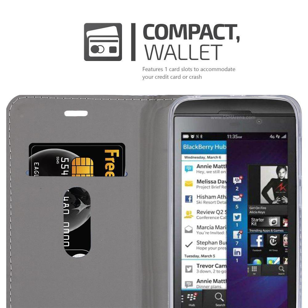 Telefono con custodia a portafoglio. Slot per carte e schermo del telefono con interfaccia Blackberry Hub.