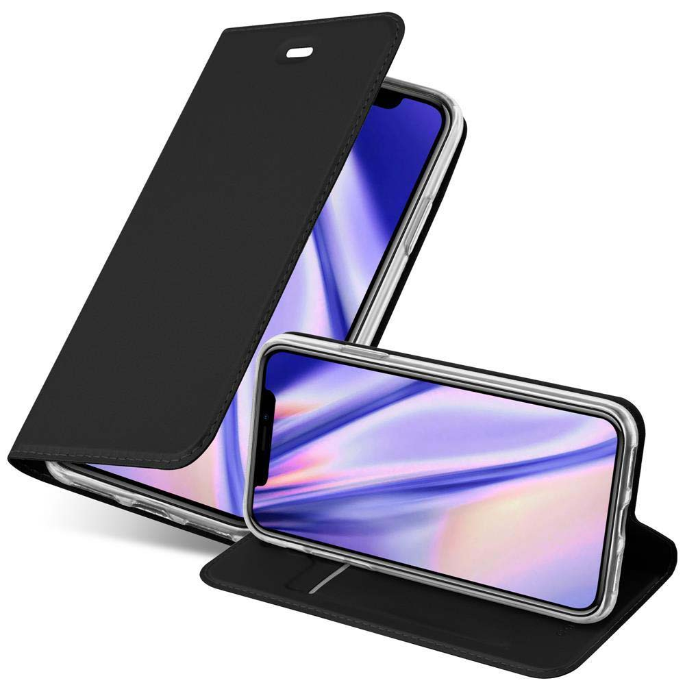 Custodia nera per telefono con due telefoni all'interno. La custodia è aperta ed entrambi i telefoni mostrano sfondi astratti colorati.