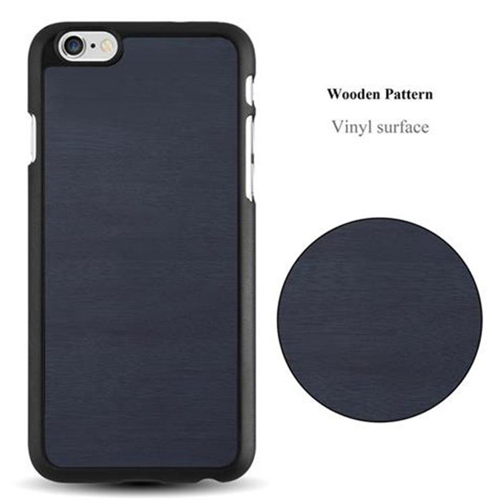 Una custodia per telefono con una trama simile al legno blu scuro e un bordo nero, accanto a un cerchio con la stessa trama.
