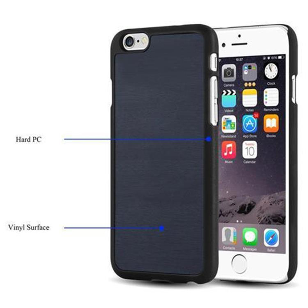 Una custodia nera per telefono con superficie blu scuro su un telefono bianco.