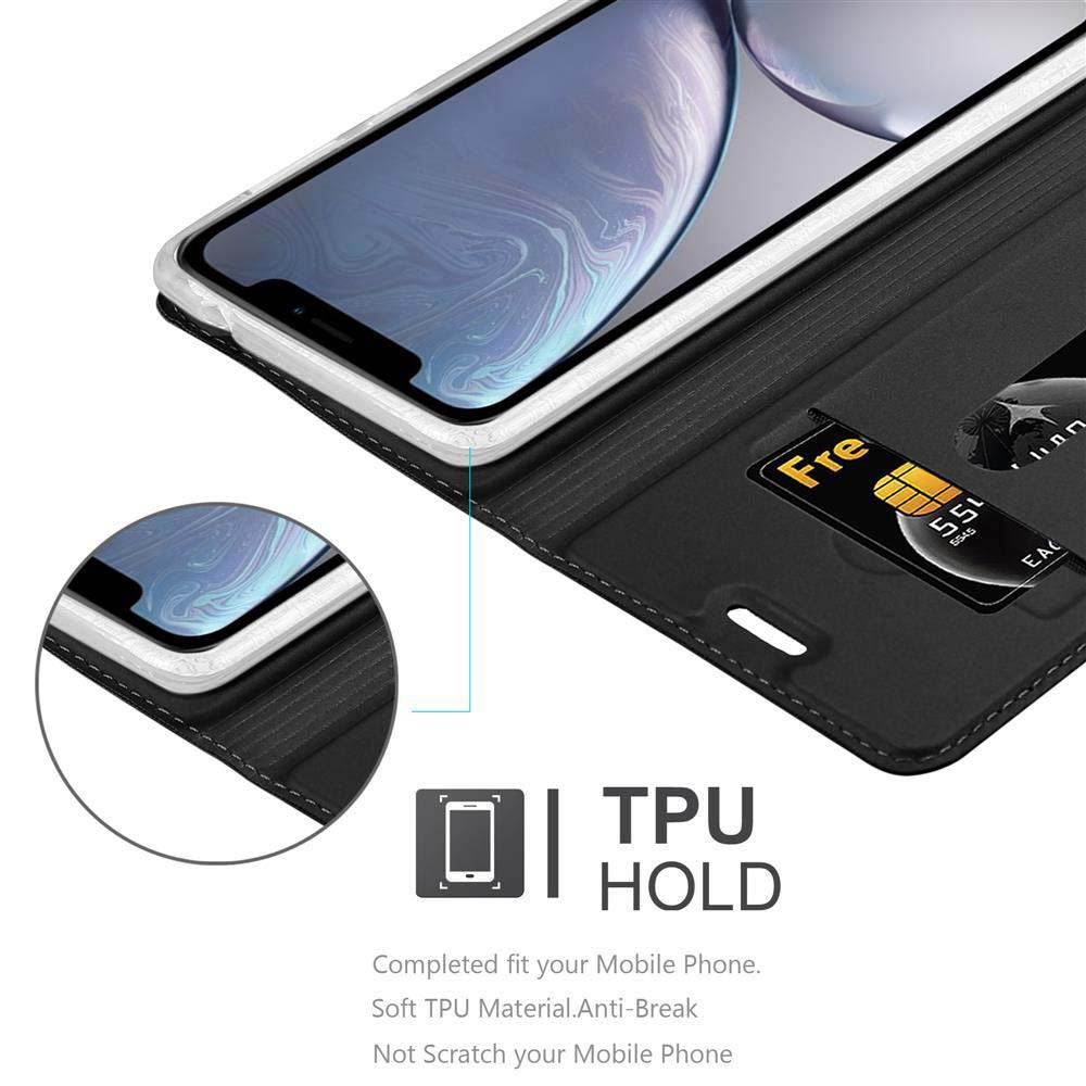 Custodia per telefono con fessura per carta di credito e un'illustrazione del telefono, sfondo bianco.