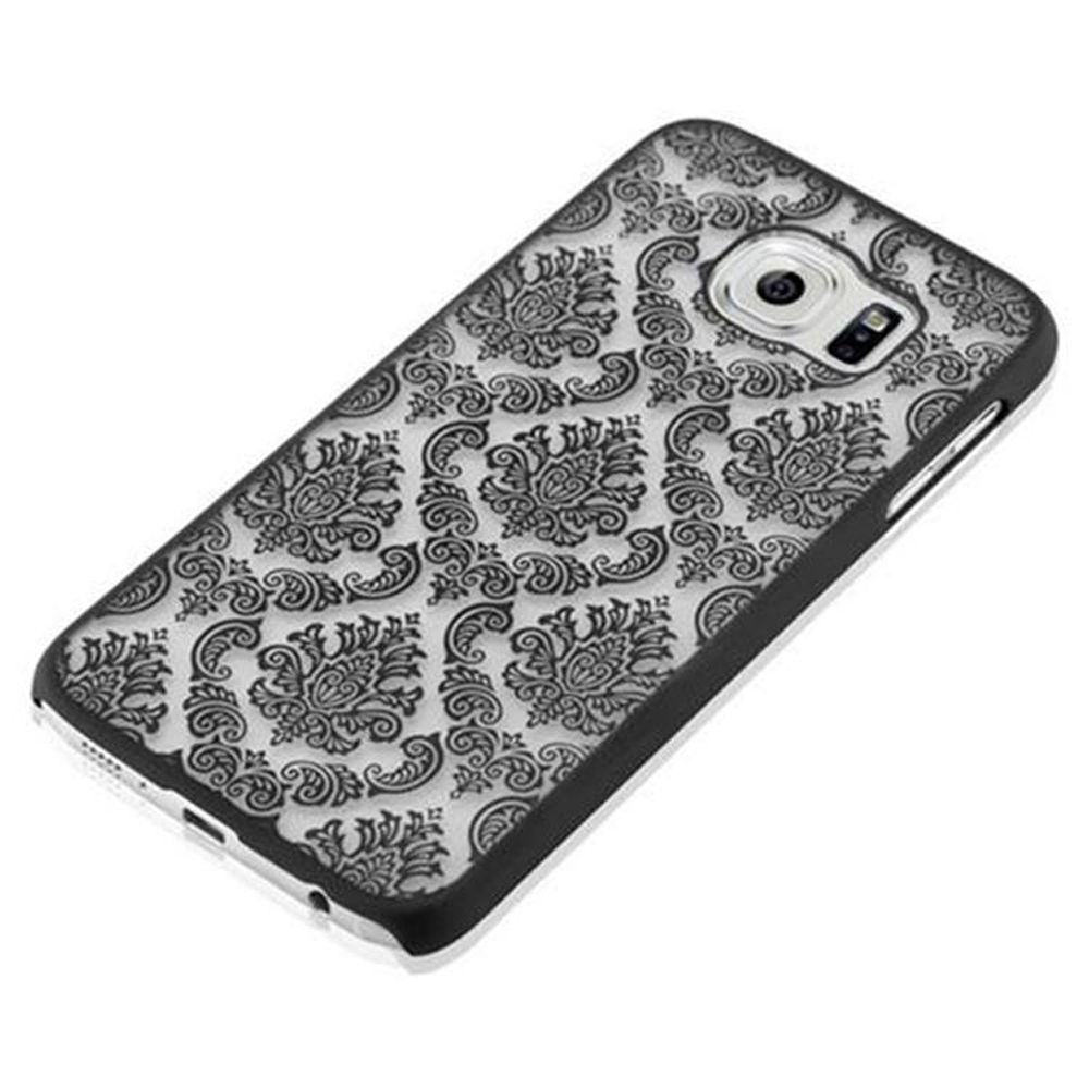 Custodia per telefono nera con motivo floreale. Bordo nero, sfondo bianco. La fotocamera del telefono è visibile.