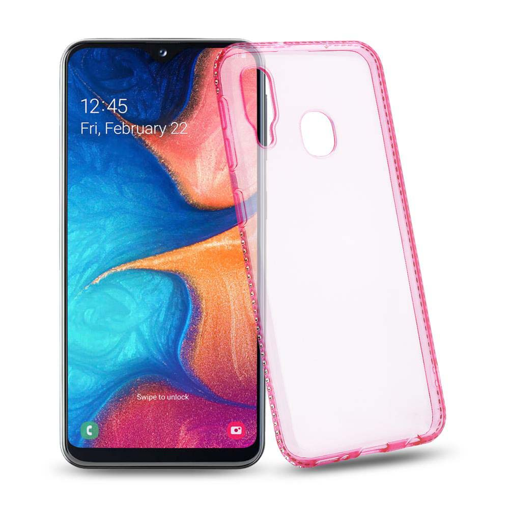 Custodia per telefono trasparente rosa. Telefono con schermo visibile.