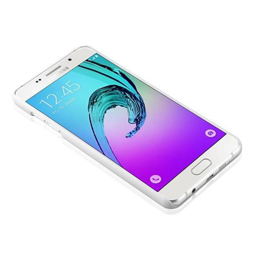 Weißes Telefon mit lila und blauem Farbverlauf. Weißer Hintergrund. Silberner Rahmen.