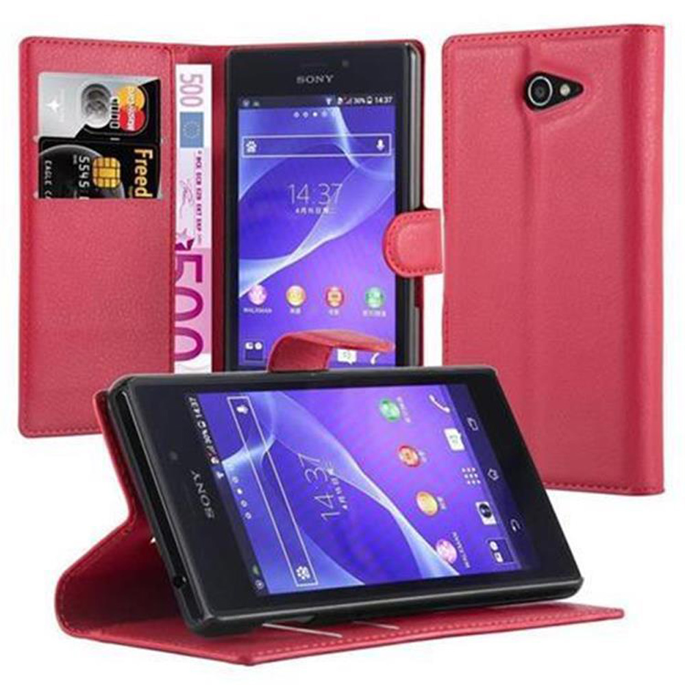 Funda roja abierta que muestra un teléfono con la hora 14:37, tarjetas y dinero.