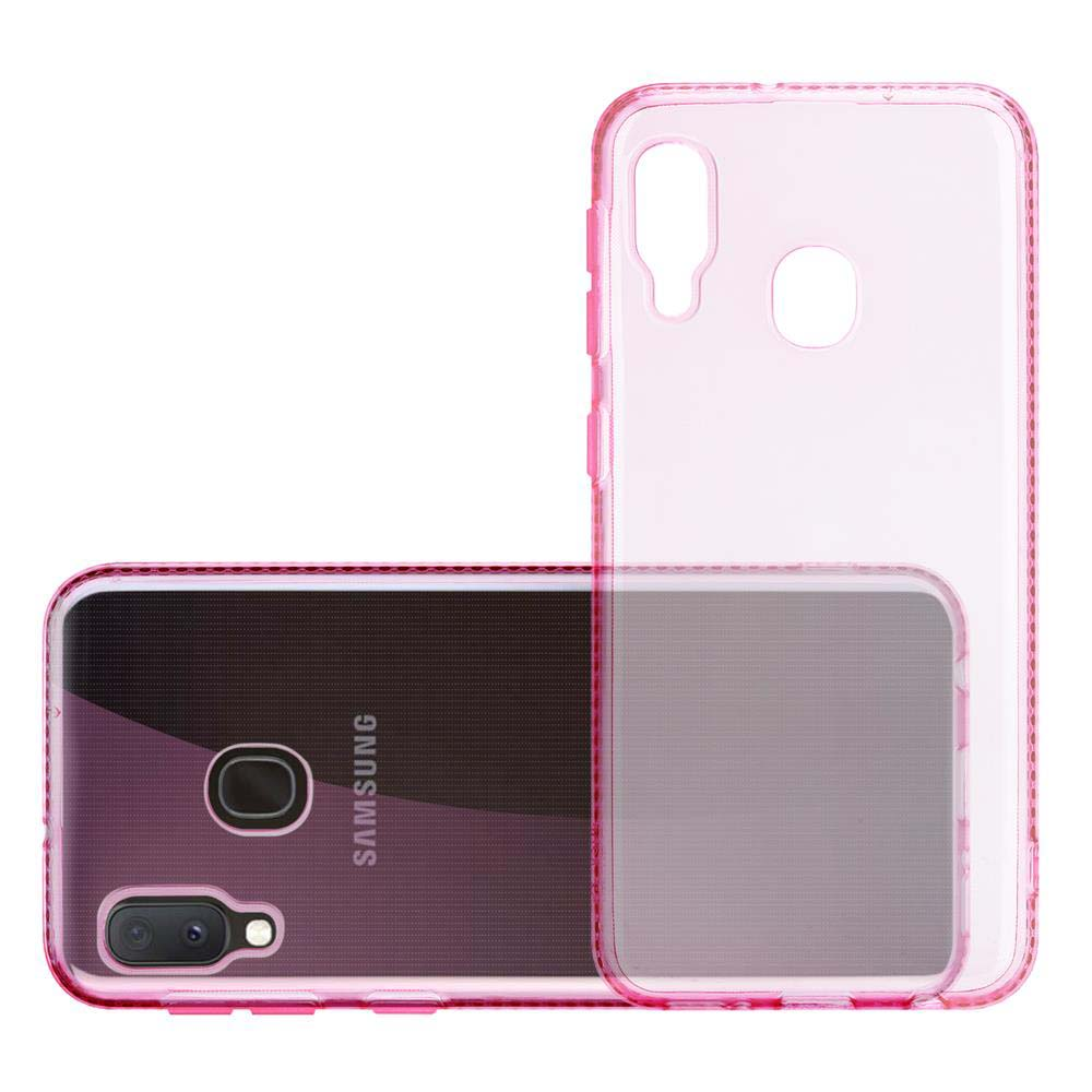 Custodia trasparente rosa. Il telefono ha una fotocamera e il logo Samsung. La custodia è rosa.