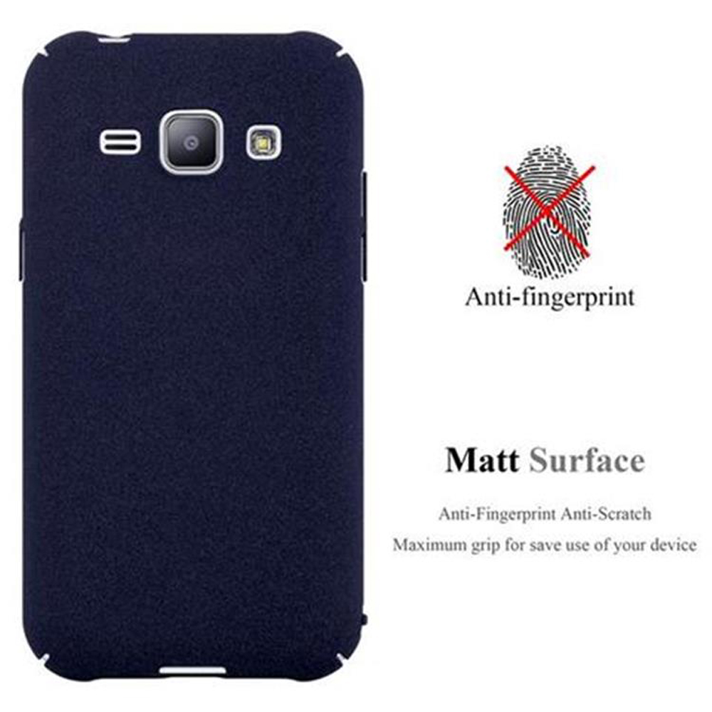 Una custodia per telefono blu scuro con una fotocamera e un simbolo di impronta digitale con una croce rossa. Il testo recita 'Matt Surface'.