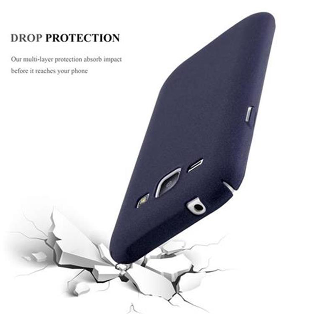 Custodia per telefono blu scuro che cade, frantumando il cemento. Testo: 'DROP PROTECTION' e 'Our multi-layer protection'.