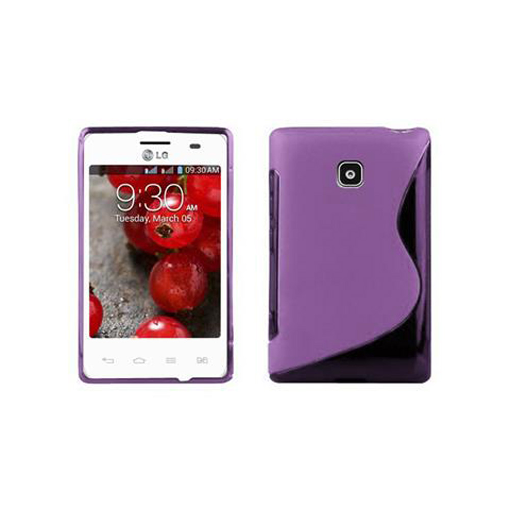 Telefono viola con custodia e ora sullo schermo.