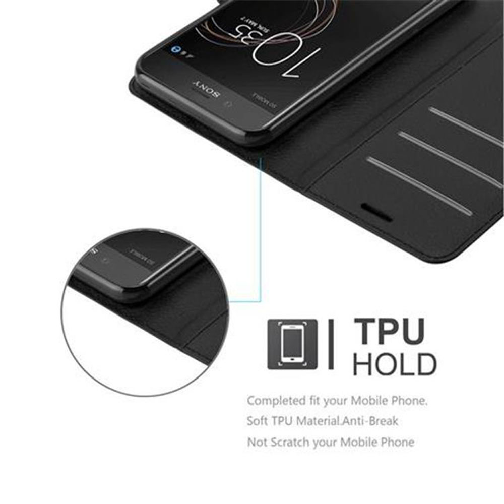 Telefono in custodia chiusa, con testo TPU HOLD e dettagli. Custodia nera.