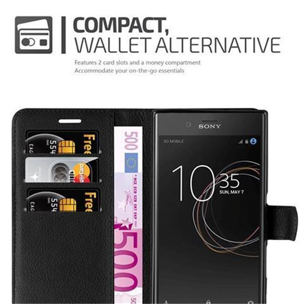 Custodia nera con telefono, carte di credito e denaro. Testo: Alternativa al portafoglio compatto.