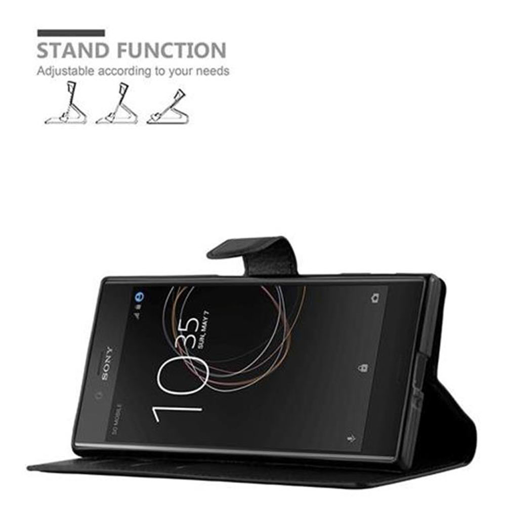 Telefono nero in custodia con supporto, con grafica della funzione stand in alto.