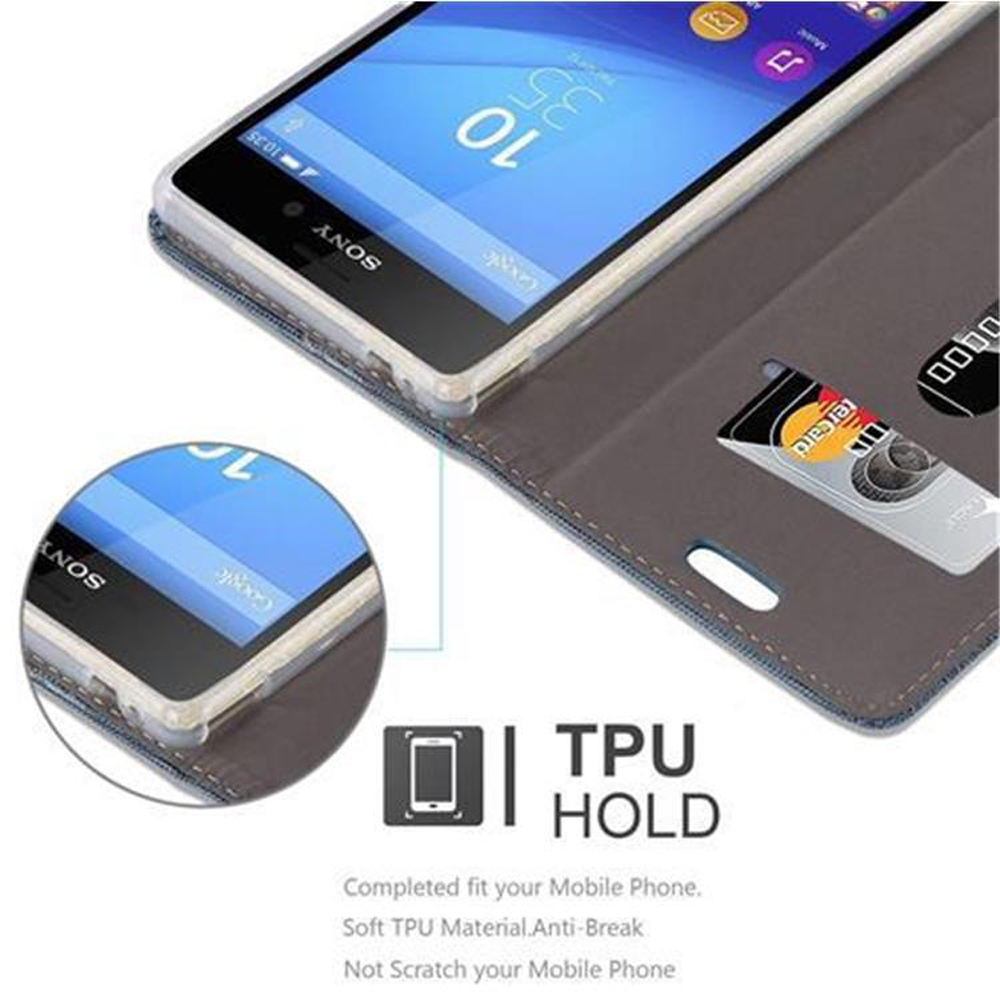 Un smartphone en una funda con ranura para tarjeta. El teléfono está en exhibición. Texto: TPU HOLD.