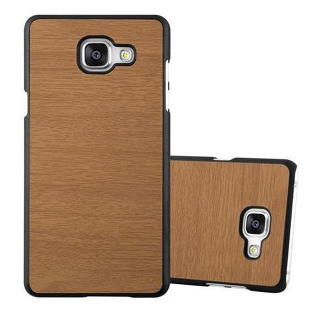 Funda para teléfono con vetas de madera. La funda es marrón con bordes negros. Se muestran dos fundas, delantera y trasera.