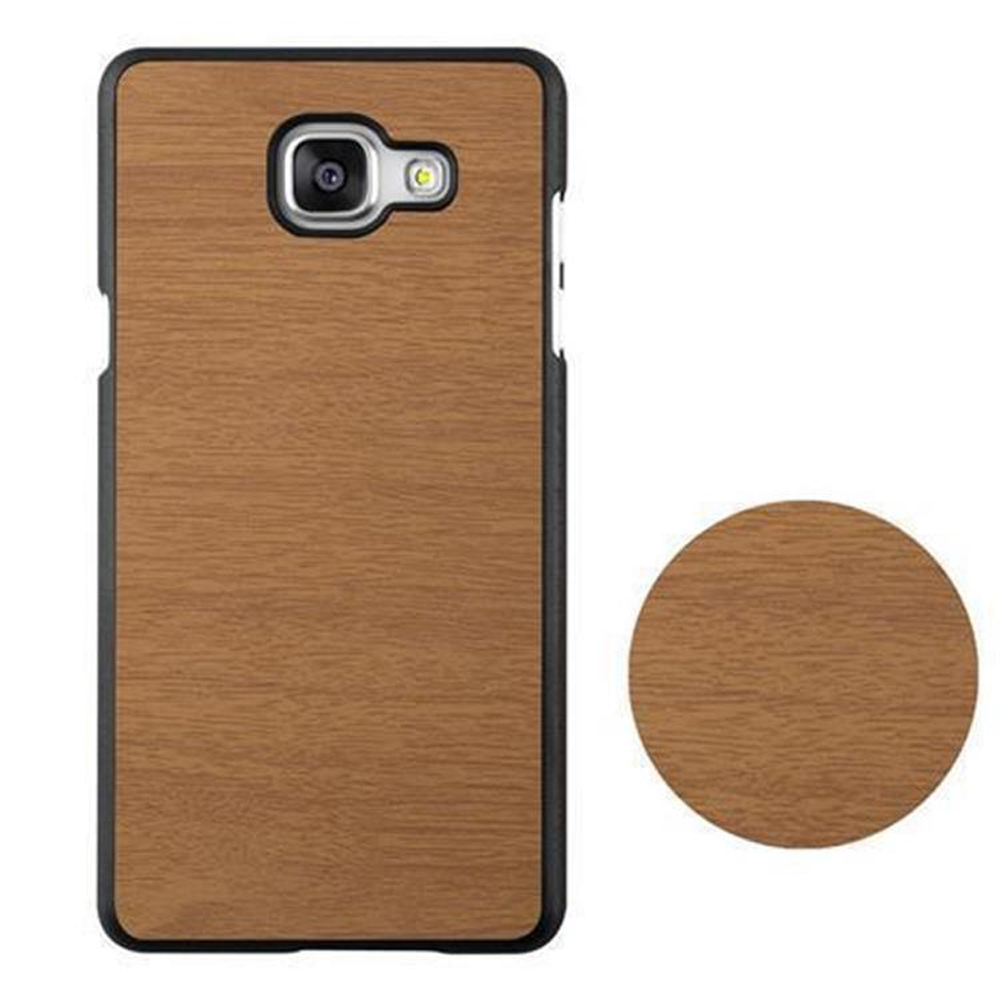 Funda de teléfono, marrón con textura de vetas de madera. También se muestra una pieza redonda a juego. Borde negro.