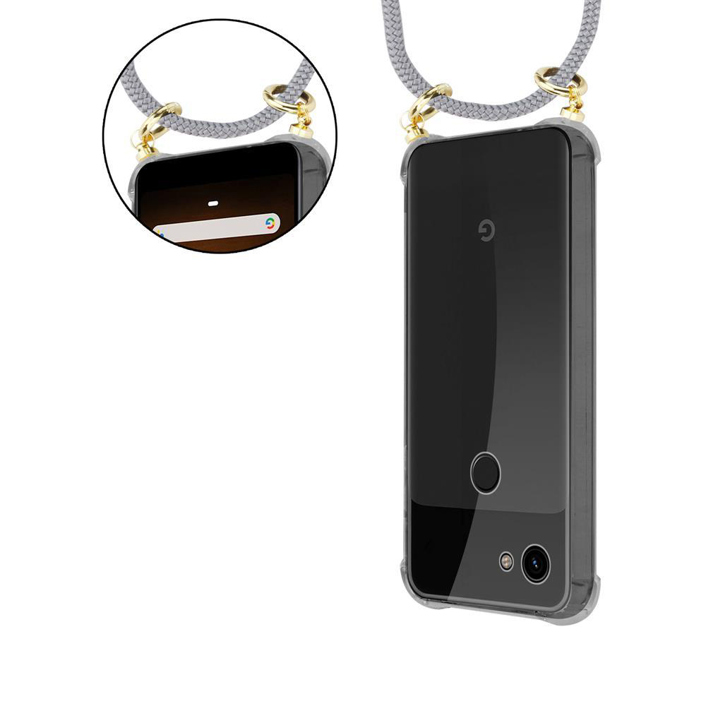 Ein Telefon in einer durchsichtigen Hülle mit grauem Riemen und goldenen Details.
