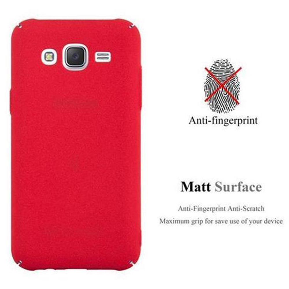 Eine rote Telefon-Rückseite wird gezeigt, mit Anti-Fingerabdruck- und mattierten Oberflächenmerkmalen.