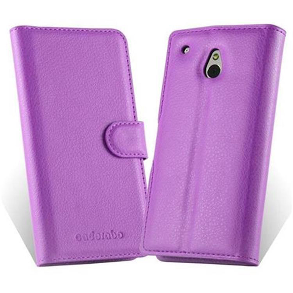 Una custodia per telefono viola, con il nome del marchio in basso e un bottone.