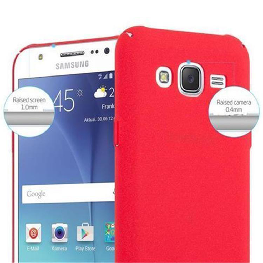 Ein Telefon mit roter Hülle, mit Bildschirm und Kamera sichtbar. Text: Erhöhter Bildschirm 1,0 mm, erhöhte Kamera 0,4 mm.