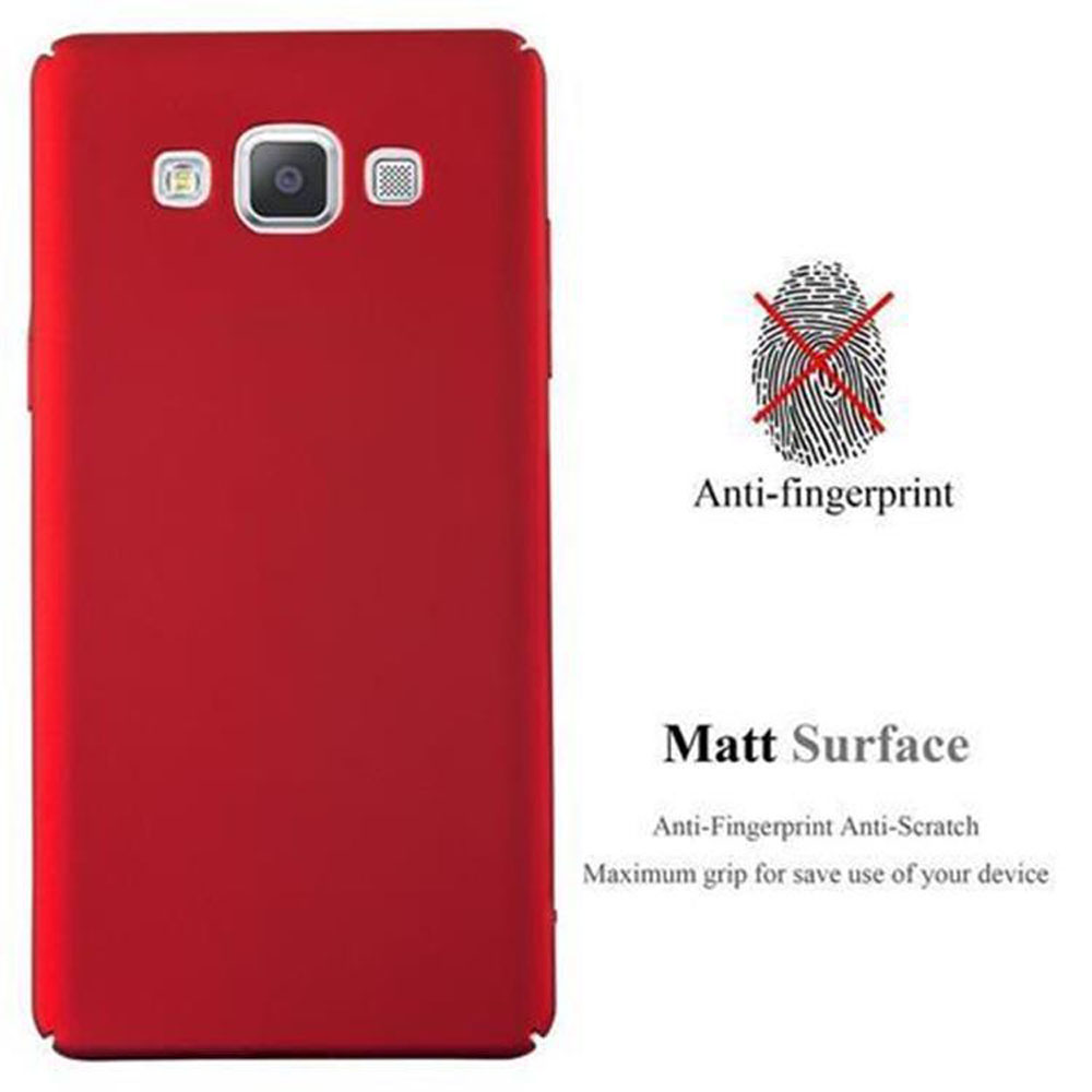 Una funda roja para teléfono con superficie mate y funciones antihuellas, con un icono de huella dactilar.