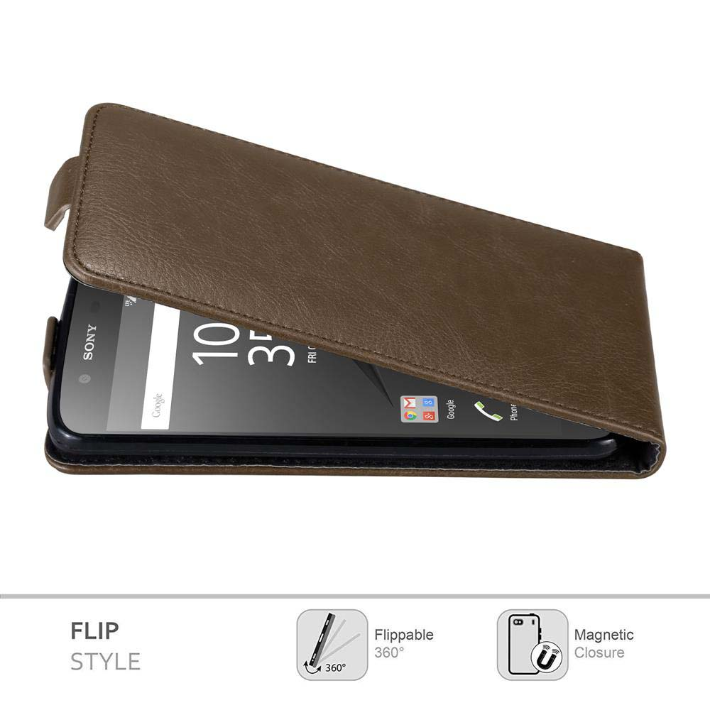 Custodia a libro in pelle marrone con un telefono all'interno e lo schermo che mostra l'ora.