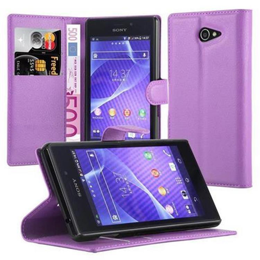 Funda morada, abierta con tarjetas y dinero, y cerrada. Teléfono visible. Otra funda también.