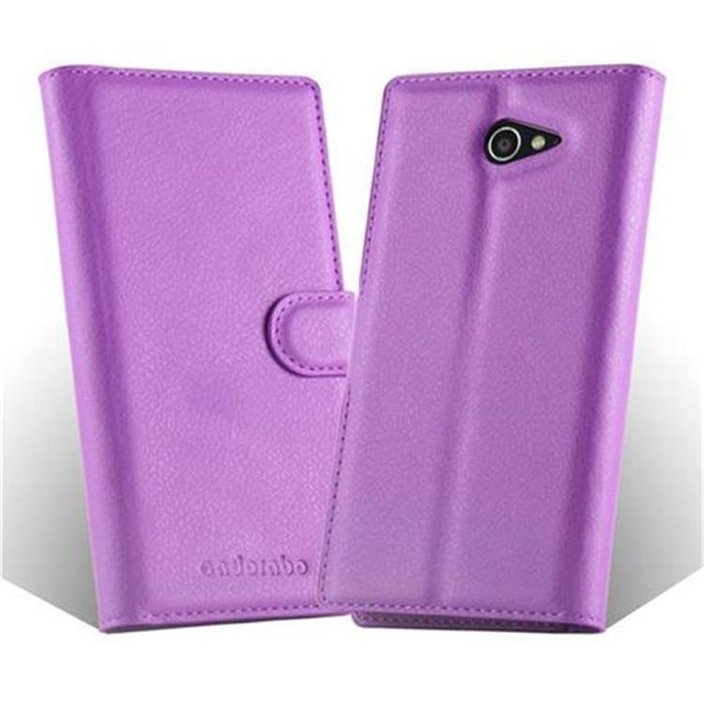Una funda de teléfono morada con cierre magnético, abierta y cerrada.