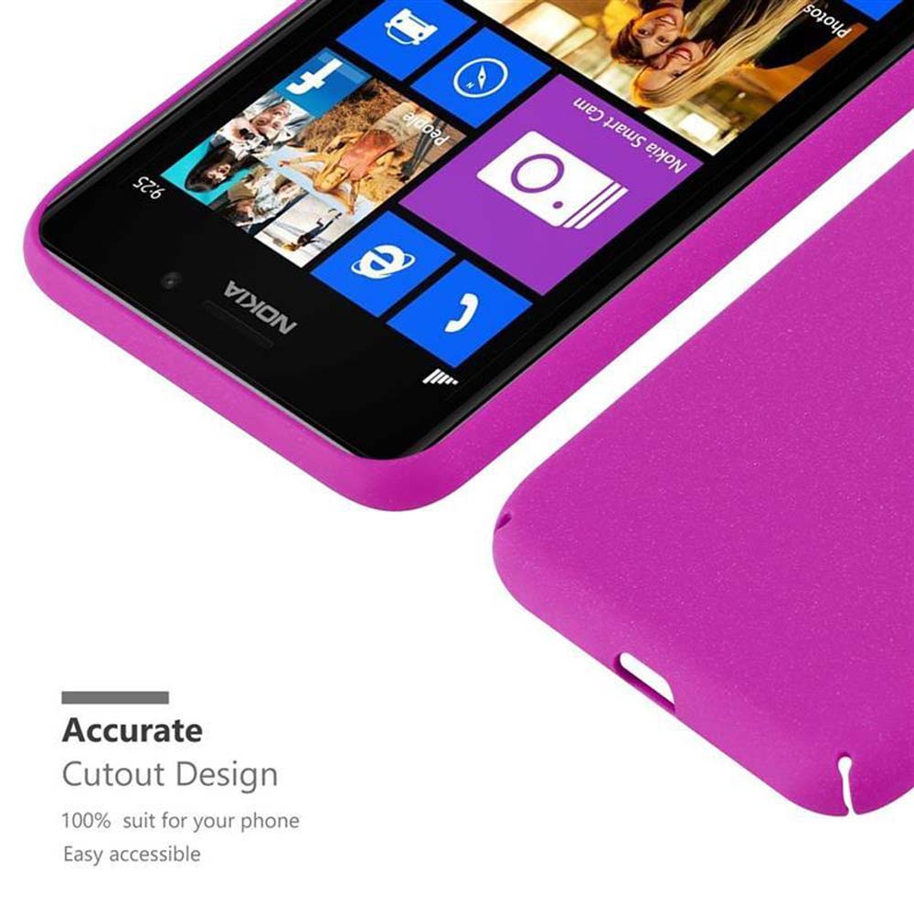 Un telefono rosa con una custodia viola. Il testo dice Design con ritaglio preciso.