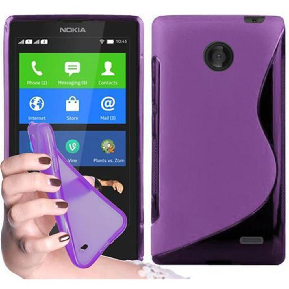 Un telefono Nokia con lo schermo acceso e una custodia viola tenuta in mano. Viene mostrato il retro di una custodia viola.