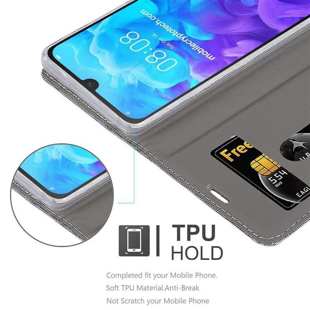Una custodia per telefono grigia, aperta, che rivela un telefono. La custodia ha slot per schede. Lo schermo del telefono mostra l'ora e alcune app.