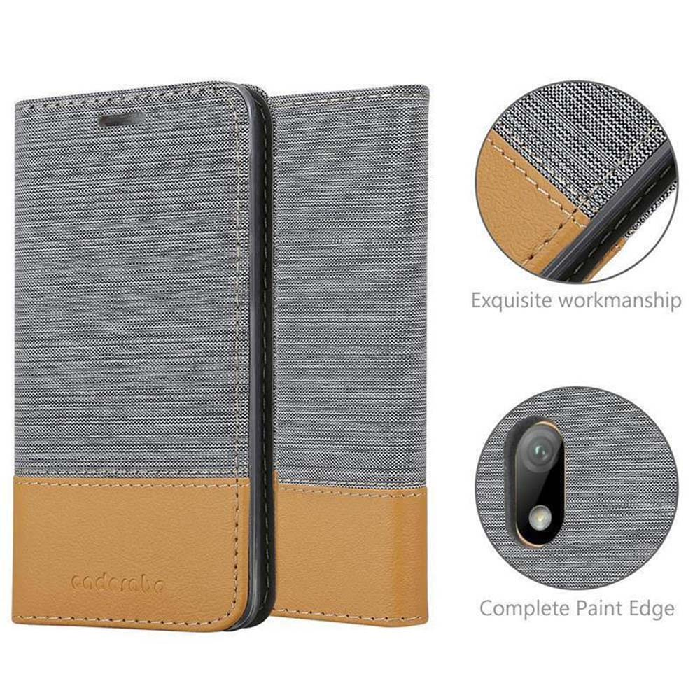 Custodia per telefono aperta, che mostra l'interno con dettagli di cucitura. La custodia ha una combinazione di colori grigio e beige.