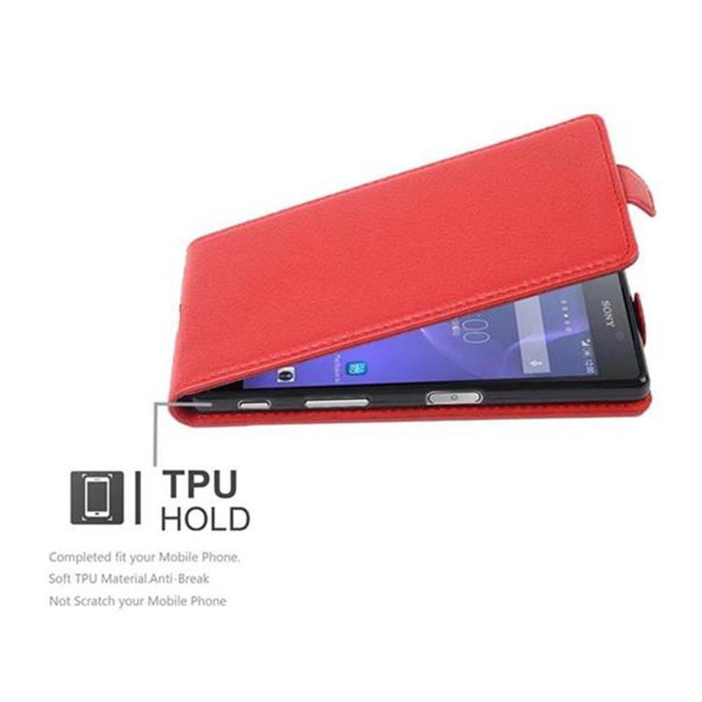Custodia rossa per telefono con telefono all'interno. Testo: TPU HOLD. Il telefono mostra lo schermo. La custodia è aperta.