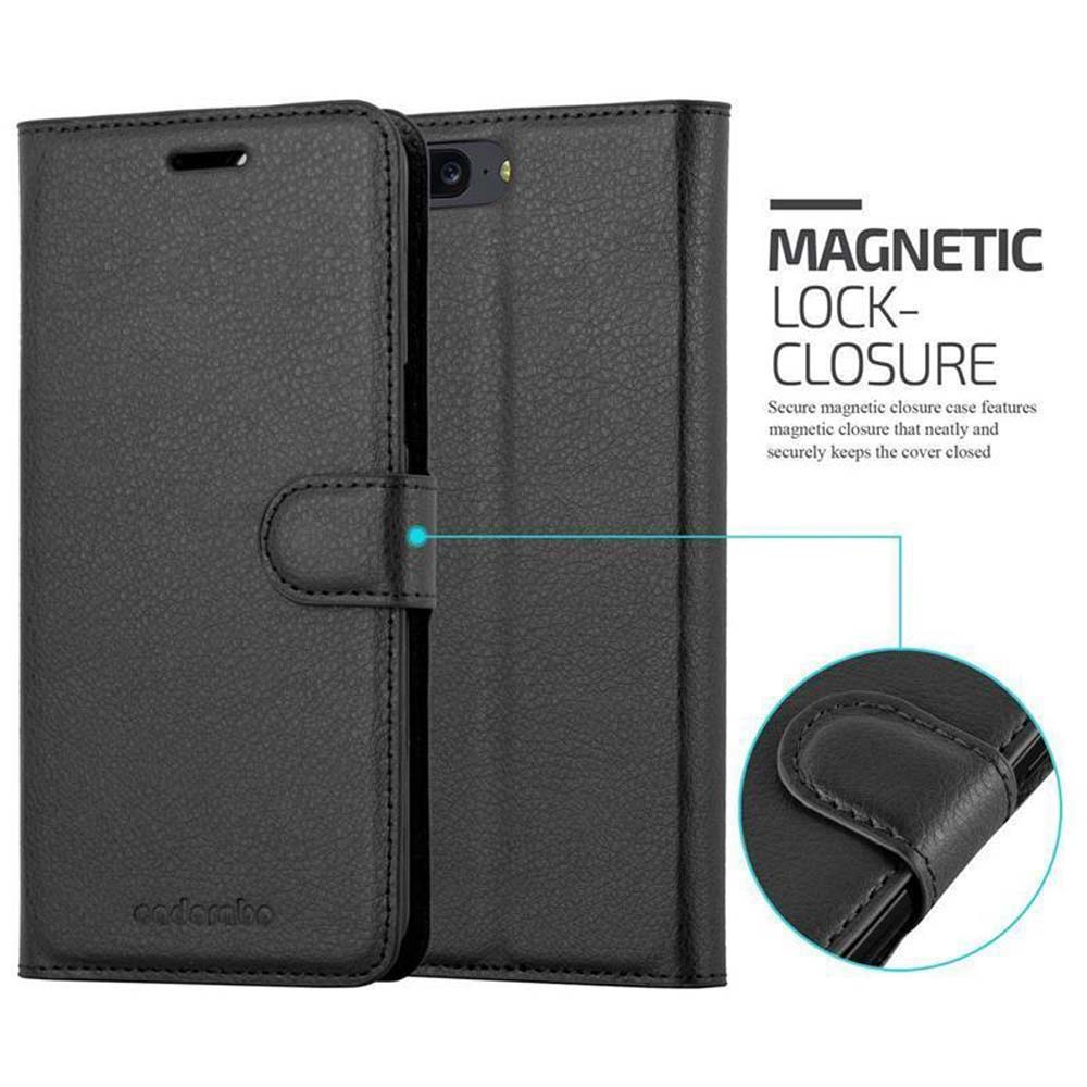 Custodia nera per telefono con chiusura magnetica. Testo: 'Magnetic Lock-Closure' e primo piano della chiusura.
