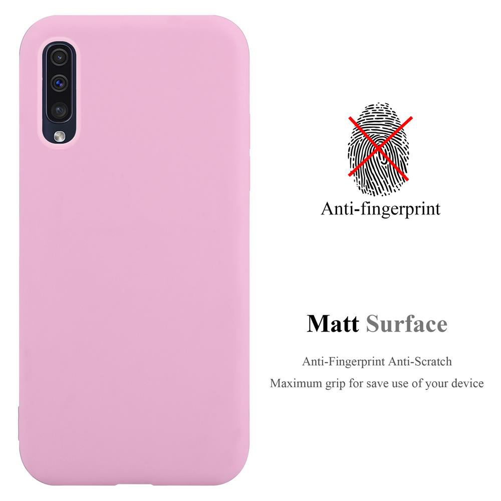 Rosa Handyhülle mit Anti-Fingerabdruck und matter Oberfläche. Text auf weißem Hintergrund.